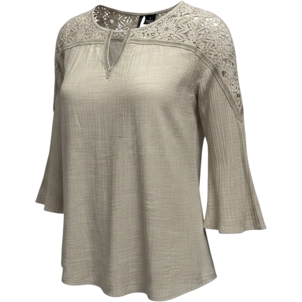Shabby Chic Crochet Lace‎ Blouse Womens Medium Beige Bell Sleeve Textured Top